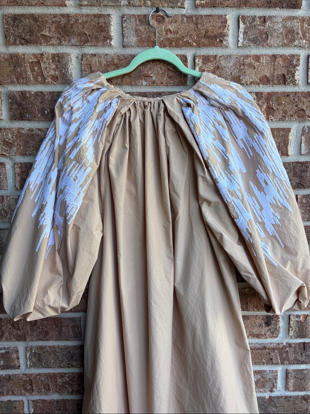 COS Beige puff Sleeve Midi Dress with White Embroidered Shoulders - Picture 7 of 11